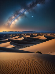 Night sky over serene desert dunes captured in brilliant stars