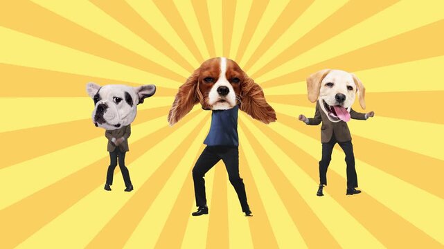Playful stop motion. Dancing group of people with dog heads on yellow rays background. Concept of identity, humor, pop art, playful imagination and creative expression.