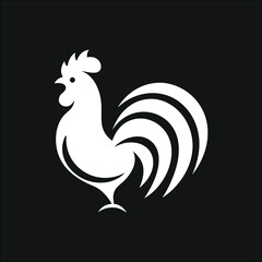 Chicken cock silhouette vector logo on black background , bold farm animal illustration for eco branding and agriculture marketing.