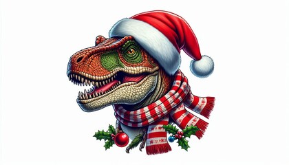 Tyrannosaurus Rex (T. Rex) dinosaur wearing a Santa Claus hat and scarf in a winter theme. Merry Christmas and Happy New Year.