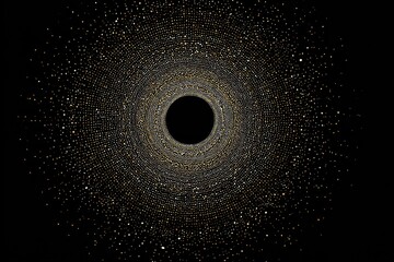 Circular abstract composition of sparkling particles radiating from a central, black void