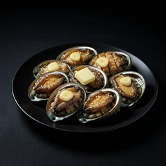 Fototapeta premium A plate of jeonbok gui 전복귀 (grilled abalone) with butter and garlic, served on a black plate against a black background 