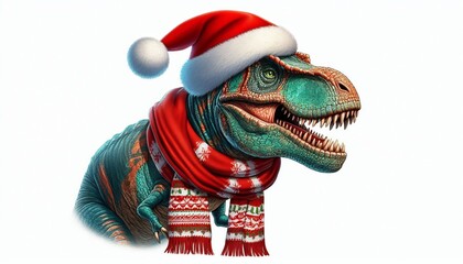 Tyrannosaurus Rex (T. Rex) dinosaur wearing a Santa Claus hat and scarf in a winter theme. Merry Christmas and Happy New Year.