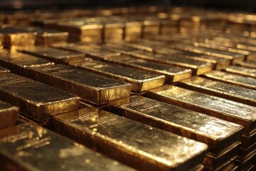 Close-up of numerous rectangular, gold-colored ingots, stacked in rows