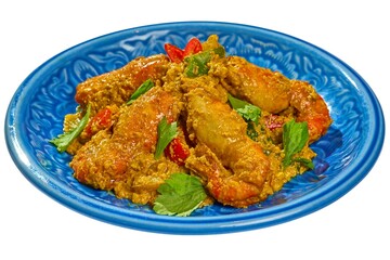 Authentic Thai Prawns Stir-fried with Yellow Curry Powder (Goong Phad Pong Karee) Isolated
