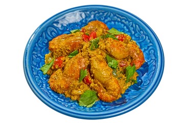 Authentic Thai Prawns Stir-fried with Yellow Curry Powder (Goong Phad Pong Karee) Isolated