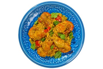 Authentic Thai Prawns Stir-fried with Yellow Curry Powder (Goong Phad Pong Karee) Isolated