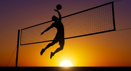 Volleyball player silhouette jumping in front of sunset sky and net