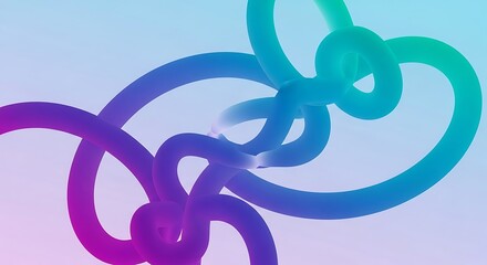 Abstract 3d rendering of intertwined tubes with a vibrant gradient of purple and blue against a soft, pastel gradient background