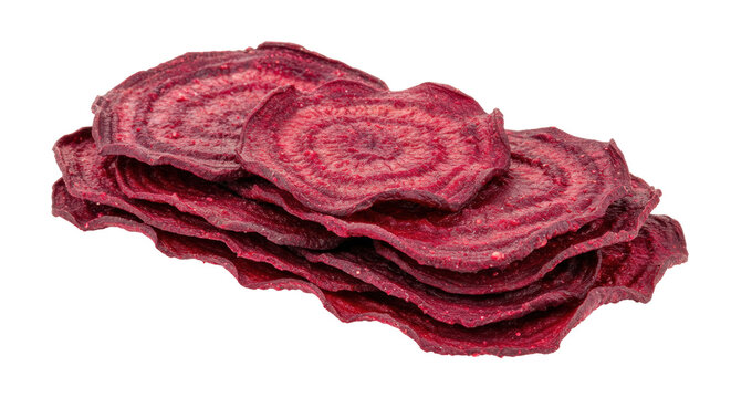 Pile of dried beetroot chips isolated, healthy snack made from thinly sliced beets, crispy and colorful vegetable chips