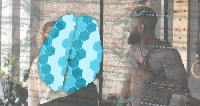 Woman smiling at man, conversing before entering coworking lobby with animated arrow guiding entry