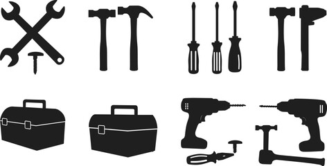 Silhouette of hand tools, power tools, wrench, hammer, screwdriver, drill, toolbox, repair equipment, construction hardware, black vector illustration