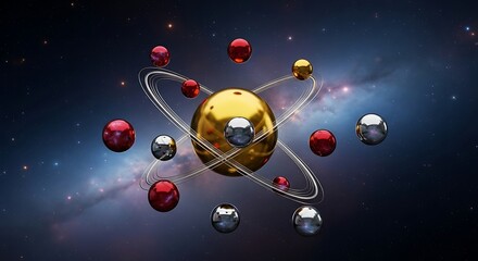 Abstract atom model with orbiting electrons and nucleus in a galaxy background, representing science and discovery