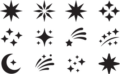 A collection of twelve different star and celestialthemed vector icons, featuring various star shapes, a crescent moon, and shooting star designs in a clean, minimalist style
