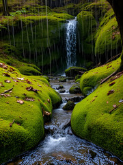 Rain falls on mossy creek