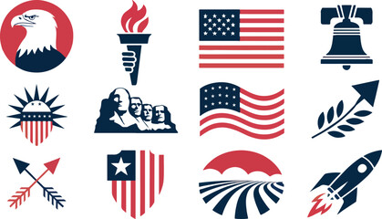 A patriotic collection of american symbols, featuring the bald eagle, the statue of liberty, mount rushmore, the american flag, the liberty bell, and a stylized rocket