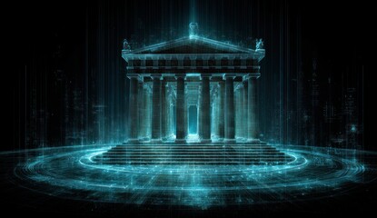 Futuristic Digital Temple with Glowing Blue Energy and Ancient Architecture.