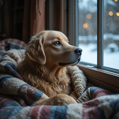 Golden retriever snug in a cozy blanket gazing thoughtfully out the window on a cold afternoon