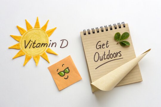 Bright and cheerful illustration promoting Vitamin D with a sun, notepad, and playful elements encouraging outdoor activity