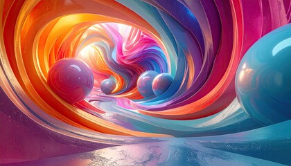 Swirling colorful abstract tunnel with floating spheres