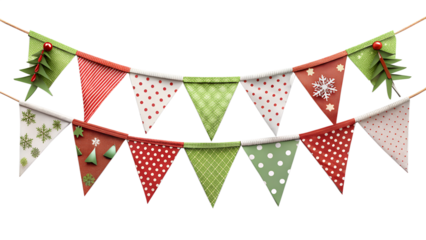Festive Christmas bunting with green and red flags, snowflakes, and pine tree decorations, isolated on transparent background
