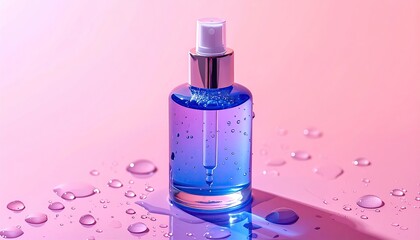 Gradient bottle with liquid, surrounded by droplets
