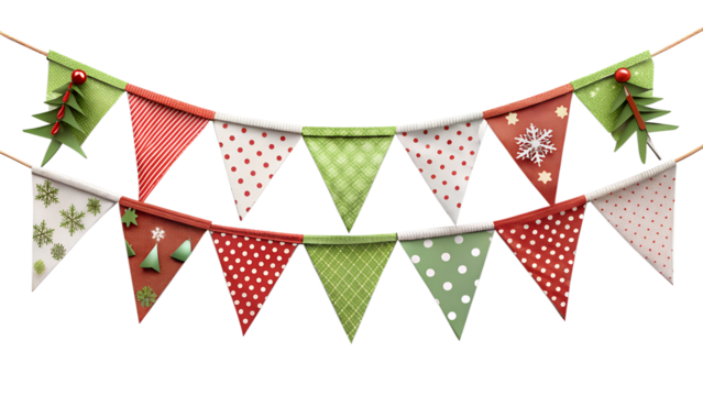 Festive Christmas bunting with green and red flags, snowflakes, and pine tree decorations, isolated on transparent background - Powered by Adobe