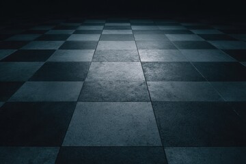 A low-angle shot of a checkered floor fading into the darkness, with muted cool tones