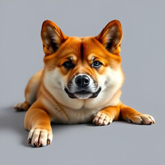 Shiba Inu Lie down, front view taken against a gray background