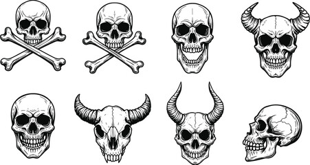 Skull illustrations, crossed bones, horned skulls, animal skulls, side profile, gothic tattoo design, horror elements, macabre symbols, dark vector art