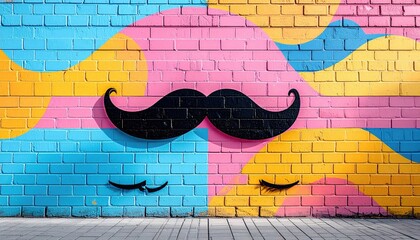 Colorful brick wall with painted mustache and eyelashes