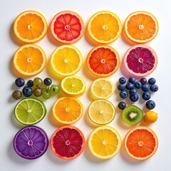 Fruit slices & berries arranged artfully on white backdrop