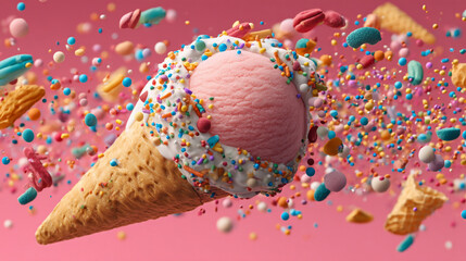 A pink ice cream cone with sprinkles and other candies floating around on a pink background