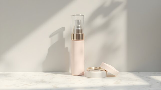 A luxury cosmetic set mockup with a pump bottle and cream jar on a marble surface. Blank packaging for a premium skincare brand.