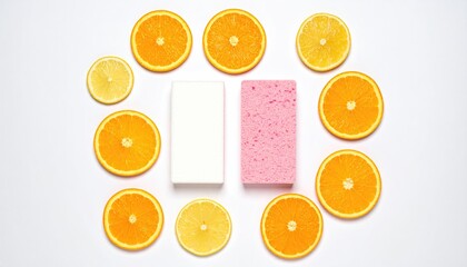 Fruit slices circle sponges, cleaning and freshness