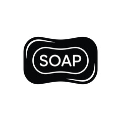 Simple black silhouette of a bar of soap with the word soap