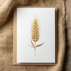 Wheat sprig art on card, placed on burlap and wood