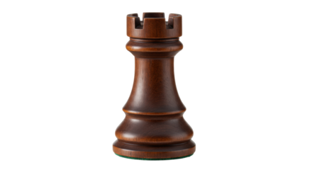 Dark brown wooden rook chess piece isolated on transparent background, strategy game element for board game design
