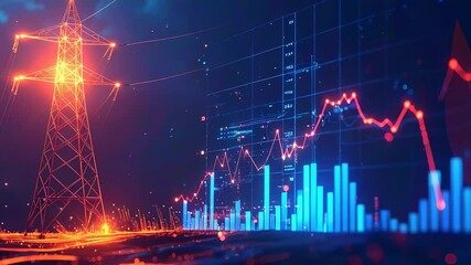 Dynamic energy sector video with glowing power lines and vibrant financial data graphs - Powered by Adobe
