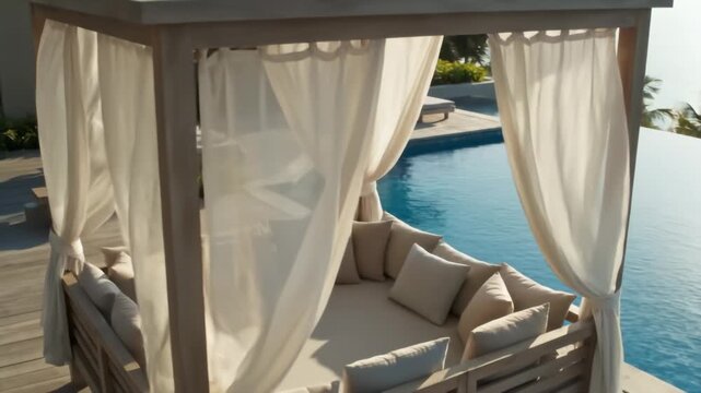 Luxurious outdoor canopy daybed overlooking tranquil infinity pool