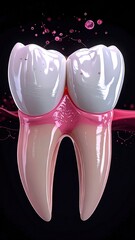 Tooth closeup, pink liquid. Dental health abstract