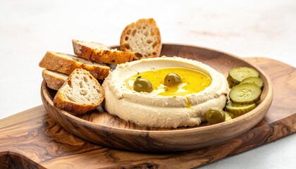 Hummus, olive oil, olives, bread, and pickles on wood board