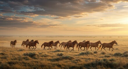 Fototapeta premium Wild horses running through a field at sunset in the countryside