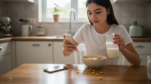 Teenage girl using her smartphone while preparing her morning breakfast with cereal and milk.