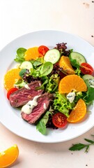 Steak salad greens, oranges, cucumber, tomatoes, dressing