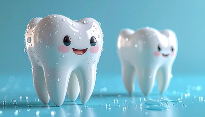Cute teeth with water droplets, smiling on a blue surface