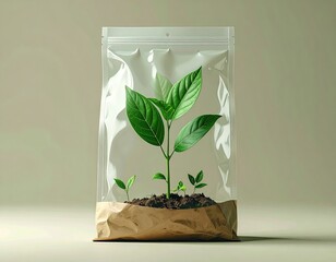 Seedling in a clear plastic/paper eco-friendly package