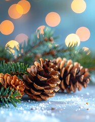 Pinecones, fir, and bokeh lights. Festive winter still life