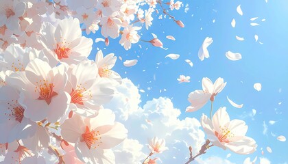 Cherry blossoms bloom against a sunny blue sky