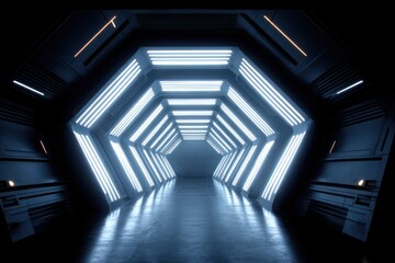 Futuristic Hexagonal Sci Fi Corridor with Blue Neon Lights.